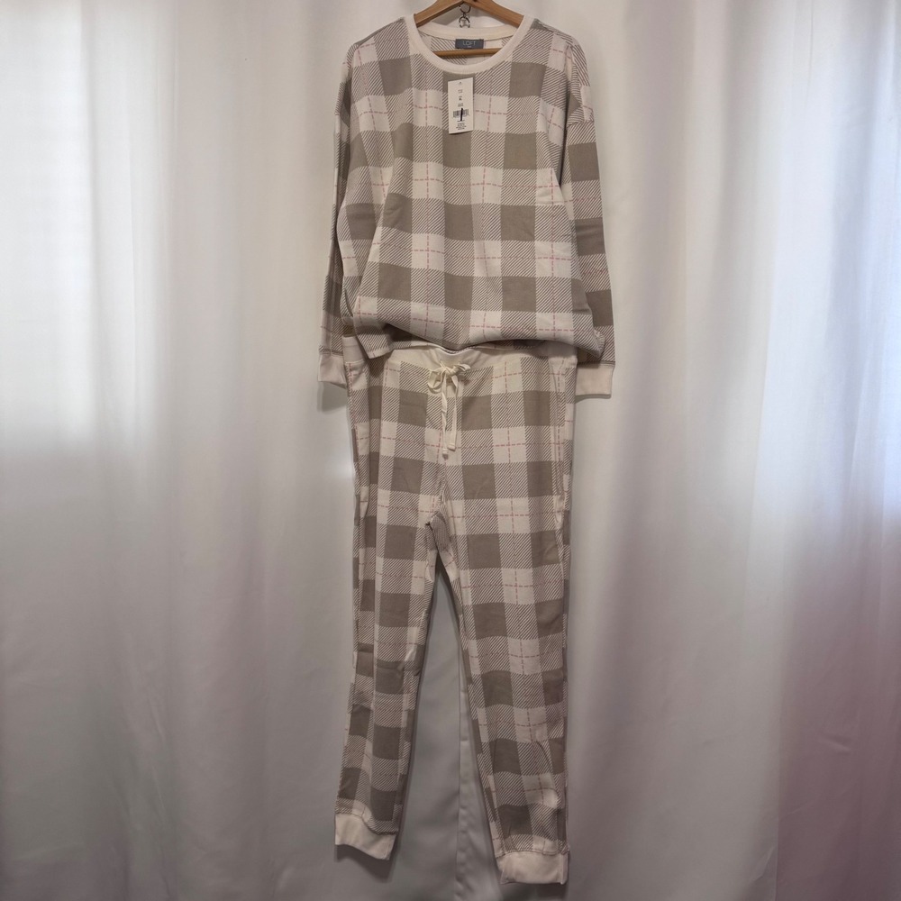 LOFT Women Brown Plaid Thermal Pajama Set XL NWT Waffle Knit Loungewear